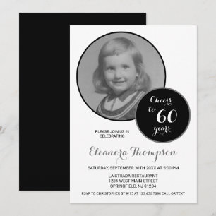 Cheers to 60 Years Photo Black and White Invitation