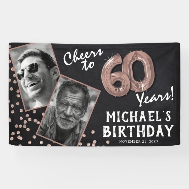 Cheers to 60 Years Rose Gold 2 Photo Birthday Banner (Horizontal)