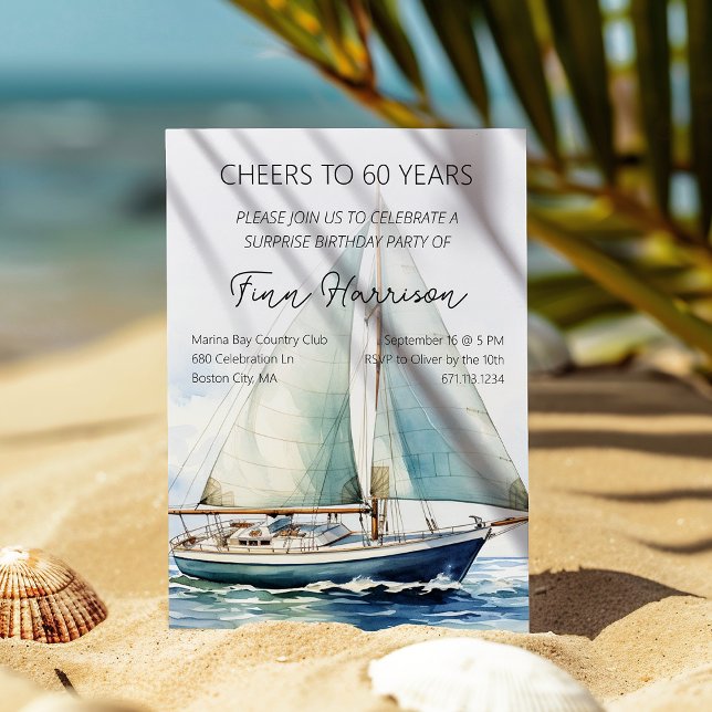 Cheers To 60 Years Sailboat Birthday Party Invitation (Majestic Sailboat Birthday Party Invitation)