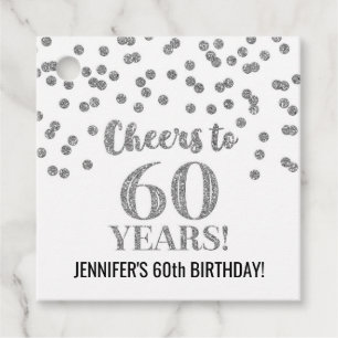 Cheers to 60 Years Silver Glitter Confetti Favour Tags