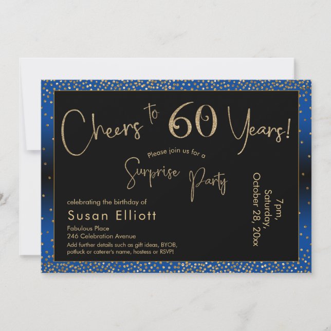 Cheers to 60 Years Surprise Birthday Gold & Blue Invitation (Front)