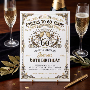 Cheers to 60 years Vintage Gold White Birthday  Invitation