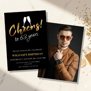Cheers to 63 Years Gold Black Adult Birthday Photo Invitation