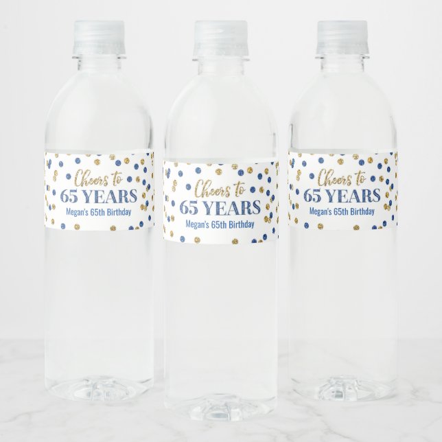 Cheers to 65 Years Blue Gold Confetti Birthday Water Bottle Label (Bottles)