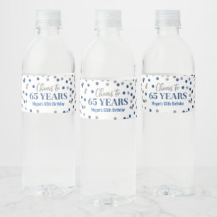 Cheers to 65 Years Blue Silver Confetti Birthday Water Bottle Label