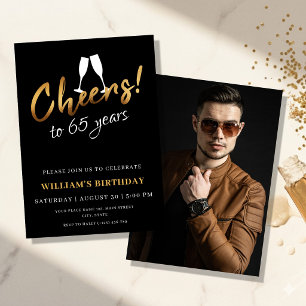 Cheers to 65 Years Gold Black Adult Birthday Photo Invitation