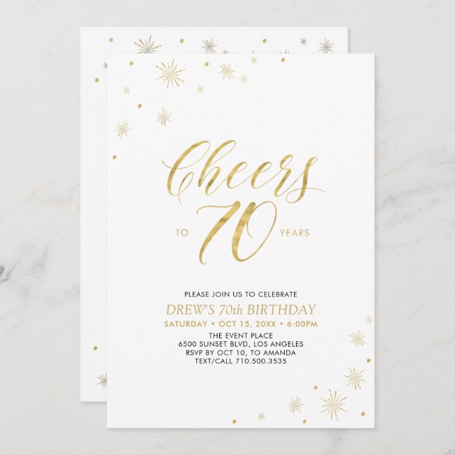 Cheers to 70 | Gold & White 70th Birthday Party Invitation (Front/Back)
