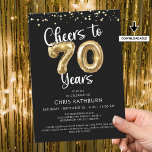 Cheers to 70 Years Balloons Confetti Invitation<br><div class="desc">Celebrate a 70th birthday with these elegant and festive party invitations featuring the title CHEERS TO 50 YEARS with faux metallic gold balloon numbers and modern script typography and confetti in your choice of background colour (shown in black). ASSISTANCE: For help with design modification or personalization, transferring the design to...</div>