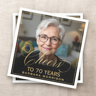 Cheers to 70 Years Birthday Photo Gold Black Napkin