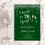 Cheers To 70 Years Birthday - Silver Green Invitation<br><div class="desc">70th Birthday Invitation. Cheers To 70 Years! Elegant design in green,  white and silver. Features champagne glasses,  script font and confetti. Perfect for a stylish seventieth birthday party. Personalize with your own details. Can be customized to show any age.</div>