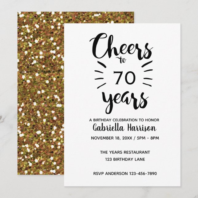 Cheers to 70 Years - Gold Glitter 70th Birthday Invitation (Front/Back)
