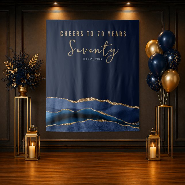 Cheers To 70 Years Navy Gold Agate Backdrop Tapestry (Navy gold 70th birthday backdrop with agate detail for elegant celebration setup)