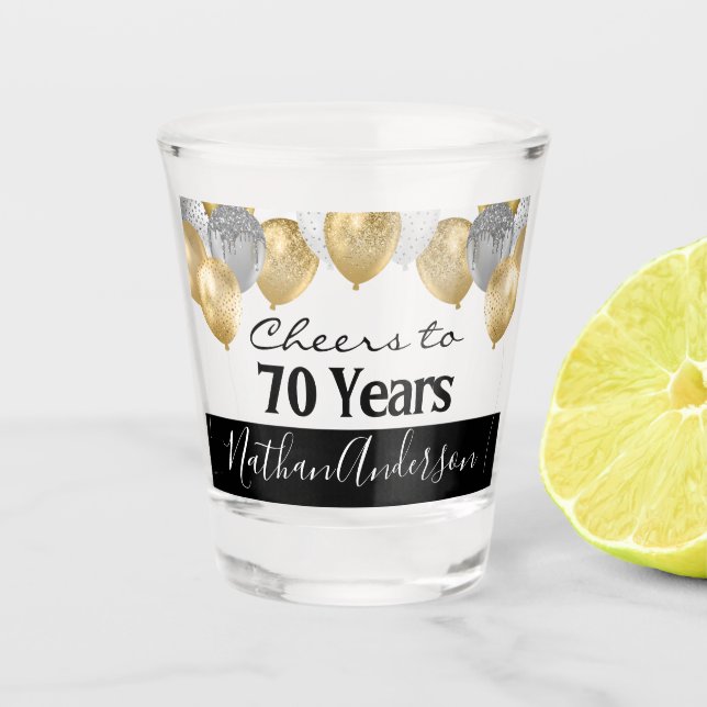 Cheers to 70 Years Personalized Birthday Shot Glas Shot Glass (Front)