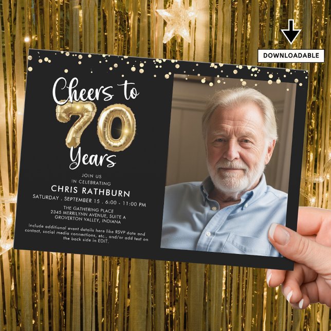 Cheers to 70 Years Photo Script Balloon Confetti Invitation (Creator Uploaded)