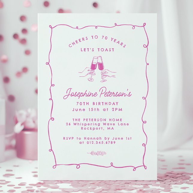 Cheers to 70 Years Pink Whimsical Doodle  Invitation (Creator Uploaded)