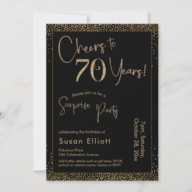 Cheers to 70 Years Surprise Birthday Party Black Invitation (Front)