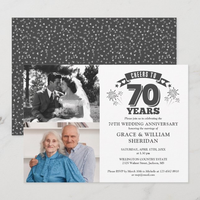 Cheers To 70th Wedding Anniversary 2 Photo Invitation (Front/Back)