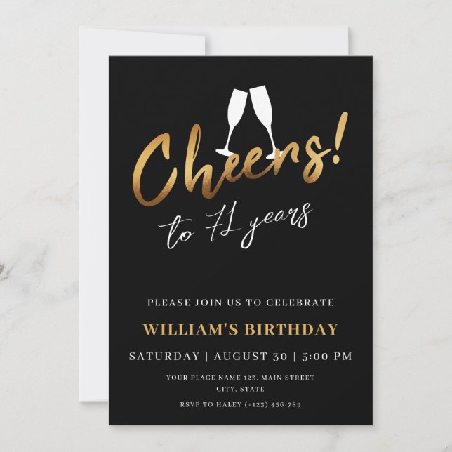 Cheers to 71 Years Gold Black Adult Birthday Photo Invitation (Front)