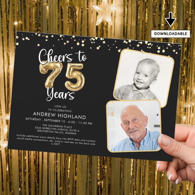 Cheers to 75 Years 2 Photos Script Balloon Invitation (Creator Uploaded)