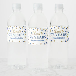 Cheers to 75 Years Blue Gold Confetti Birthday Water Bottle Label