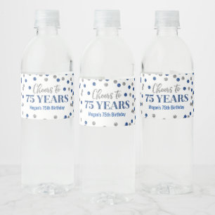 Cheers to 75 Years Blue Silver Confetti Birthday Water Bottle Label