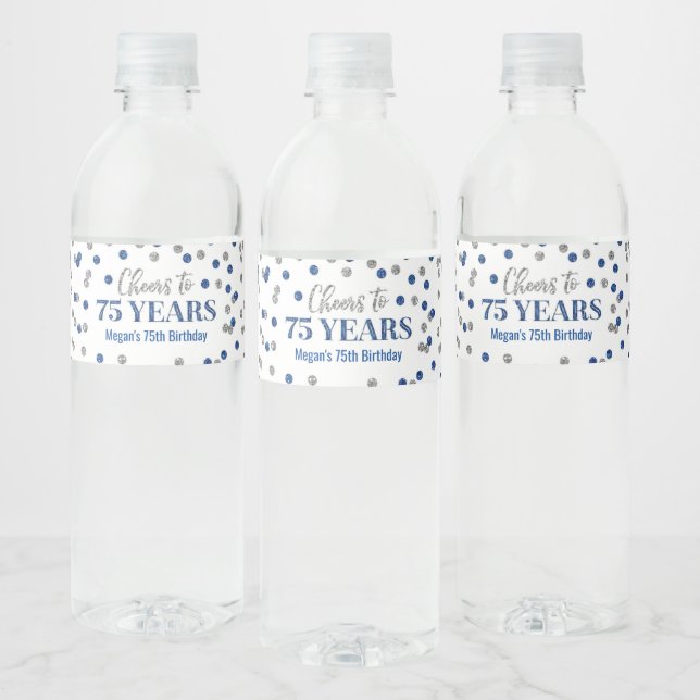 Cheers to 75 Years Blue Silver Confetti Birthday Water Bottle Label (Bottles)