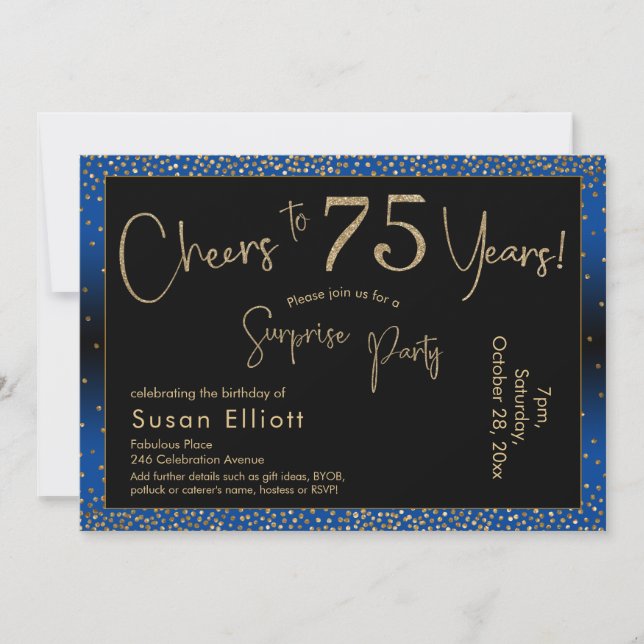 Cheers to 75 Years Surprise Birthday Gold & Blue Invitation (Front)