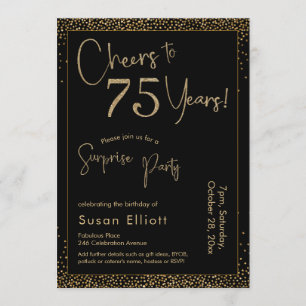 Cheers to 75 Years Surprise Birthday Party Black Invitation