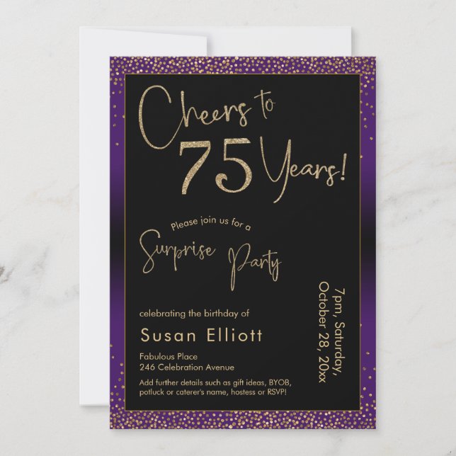 Cheers to 75 Years Surprise Birthday Party, Purple Invitation (Front)