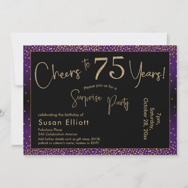 Cheers to 75 Years Surprise Birthday, Purple Invitation (Front)