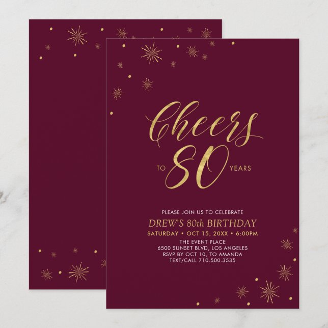 Cheers to 80 | Gold & Burgundy 80th Birthday Party Invitation (Front/Back)
