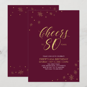 Cheers to 80   Gold & Burgundy 80th Birthday Party Invitation
