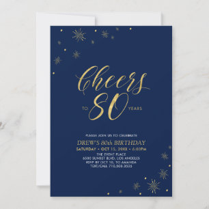 Cheers to 80   Gold & Navy 80th Birthday Party Invitation