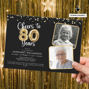Cheers to 80 Years2 Photos Script Balloon Confetti Invitation