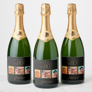 Cheers to 80 years 3 Photos Black Gold Elegant Sparkling Wine Label