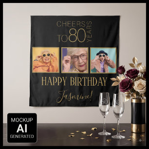 Cheers to 80 years 3 Photos Black Gold Elegant Tapestry