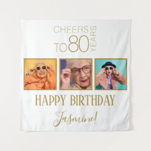Cheers to 80 years 3 Photos White Gold Elegant Tapestry