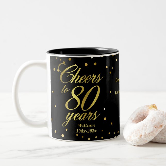 Cheers to 80 Years 80th Birthday Two-Tone Coffee M Two-Tone Coffee Mug (With Donut)