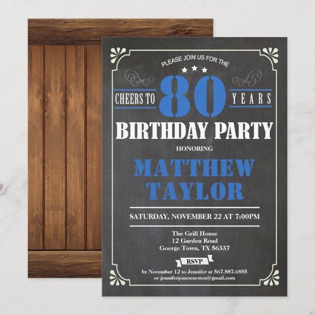 Cheers to 80 years birthday invitation. Retro Invitation (Front/Back)