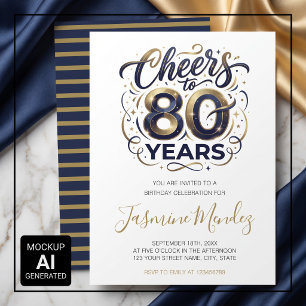 Cheers to 80 years Elegant Gold Blue Birthday  Invitation