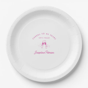 Cheers to 80 Years Pink 80th Birthday Custom Paper Plate