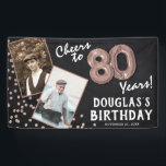 Cheers to 80 Years Rose Gold 2 Photo Birthday  Banner<br><div class="desc">Celebrating turning 80! This banner allow you to upload a before and after photograph of the birthday man or woman, with the fun title 'Cheers to 80 Years!'. Featuring a rustic black chalkboard background, faux rose gold number eighty helium balloons and faux rose gold glitter confetti. Just personalize name and...</div>