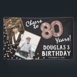 Cheers to 80 Years Rose Gold 2 Photo Birthday  Banner<br><div class="desc">Celebrating turning 80! This banner allow you to upload a before and after photograph of the birthday man or woman, with the fun title 'Cheers to 80 Years!'. Featuring a rustic black chalkboard background, faux rose gold number eighty helium balloons and faux rose gold glitter confetti. Just personalize name and...</div>