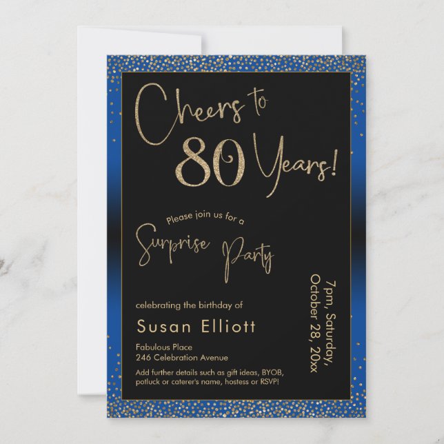 Cheers to 80 Years Surprise Birthday Party Blue Invitation (Front)