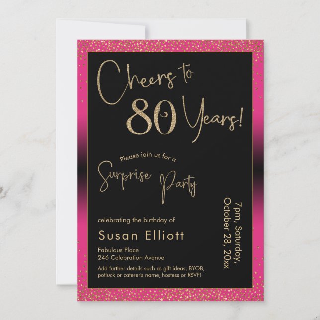 Cheers to 80 Years Surprise Birthday Party, Pink Invitation (Front)