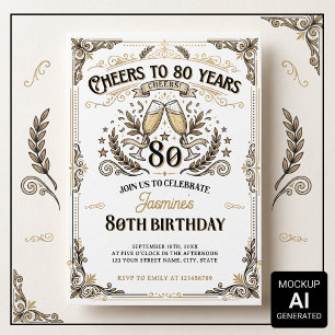 Cheers to 80 years Vintage Gold White Birthday  Invitation