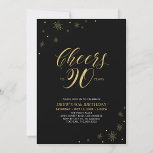 Cheers to 90 Gold & Black 90th Birthday Party Invitation