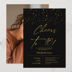 Cheers to 90⎮Gold Modern Photo 90th Birthday Invitation