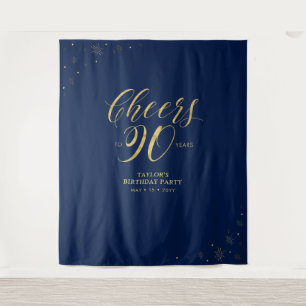 Cheers to 90 years, Gold & Navy 90 Birthday Party Tapestry