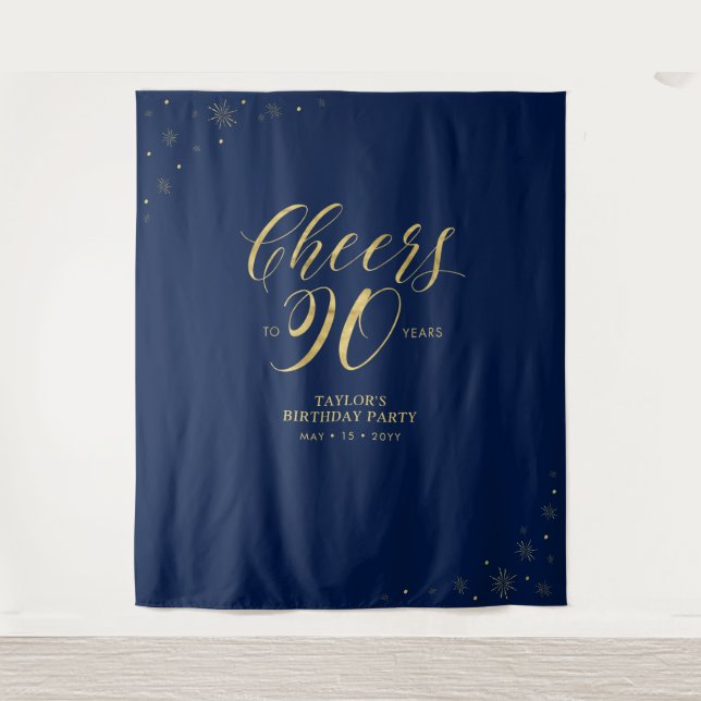 Cheers to 90 years, Gold & Navy 90 Birthday Party Tapestry (Front)